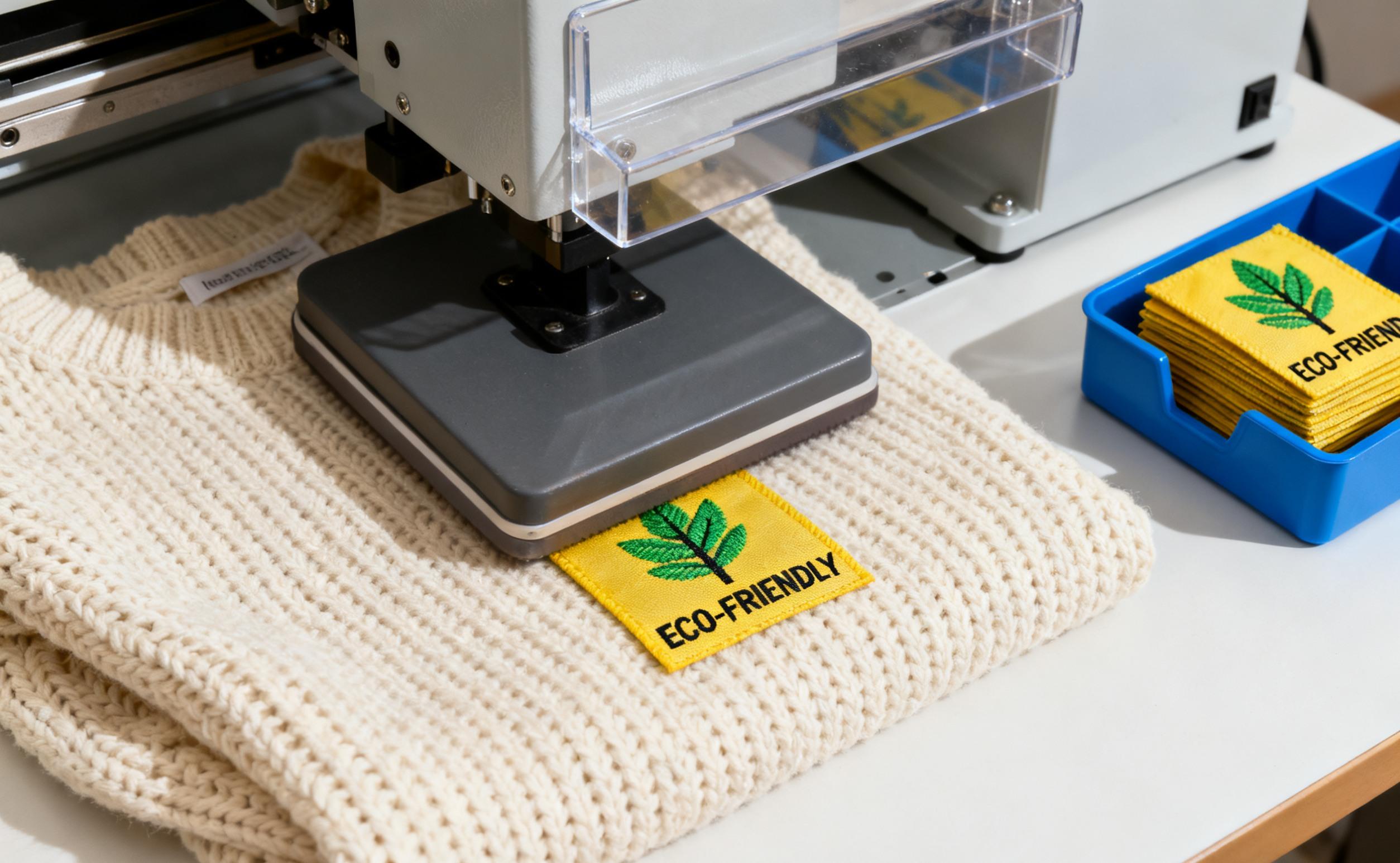 Applying iron on woven label to fabric with heat press machine.